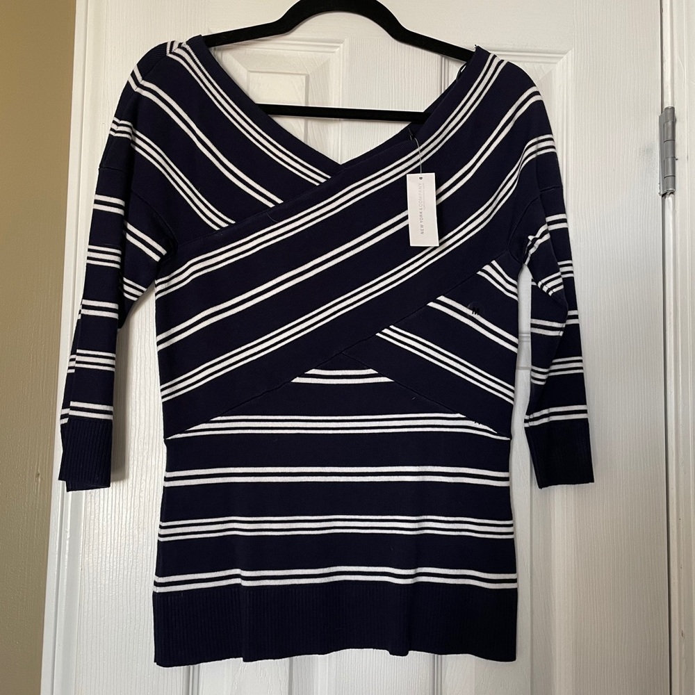 New York & Company navy white striped knit shirt
